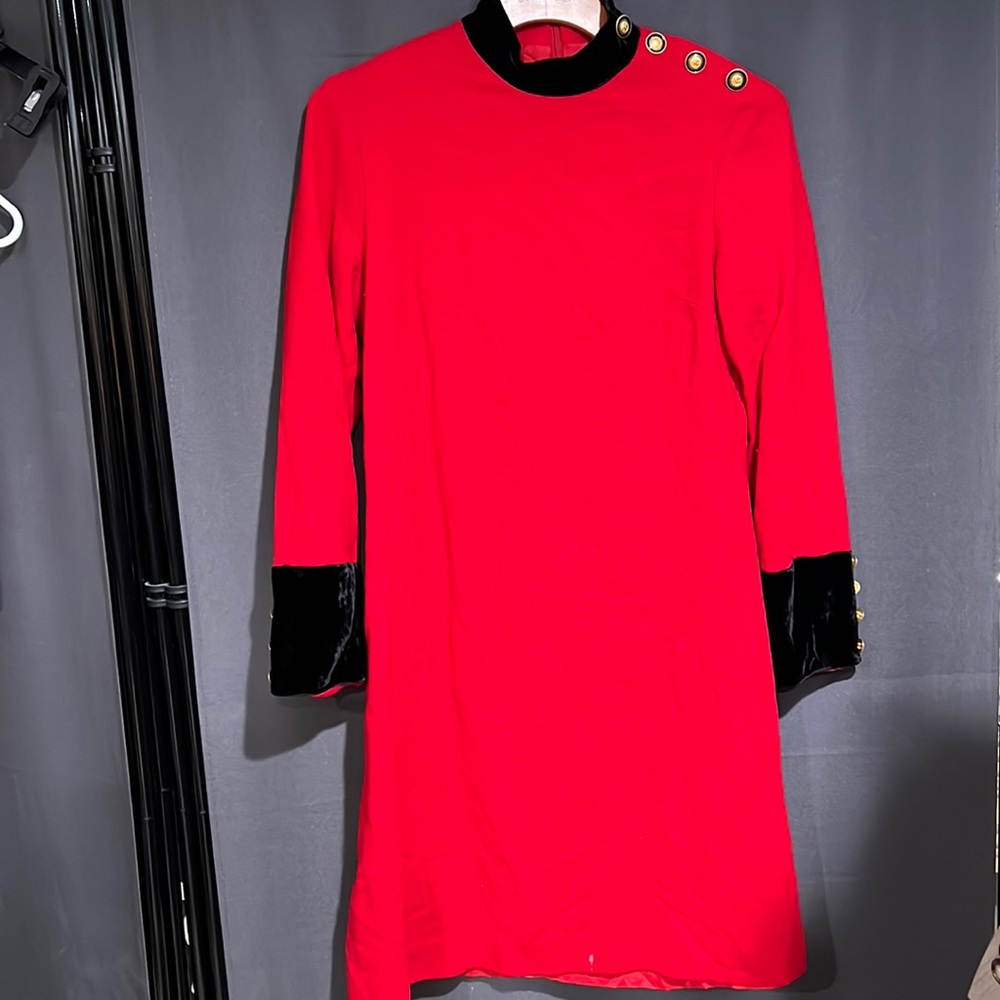 Evan-Picone 100% wool military-style red dress with velvet trim and buttons